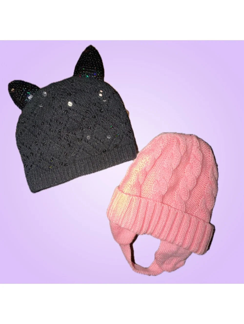 Lot of 2 Girls Winter Hats with Justice Black Cat and Pink Infant Beanies